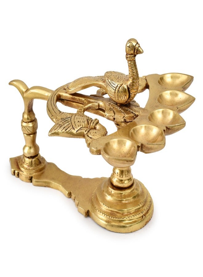 AARGKRAFT Panchmukhi Brass DiyaStand مع 5 فتائل Mayuresvara Panch Aarti Diya مع مقبض تصميم الطاووس مع 5 فتيل زيت نحاسي Aarti Hand Diya لـ Navratri وDiwali Pooja - Image 1